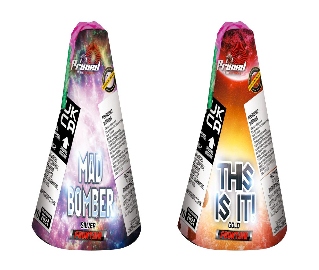 Two cone-shaped fireworks with colorful labels on a white background