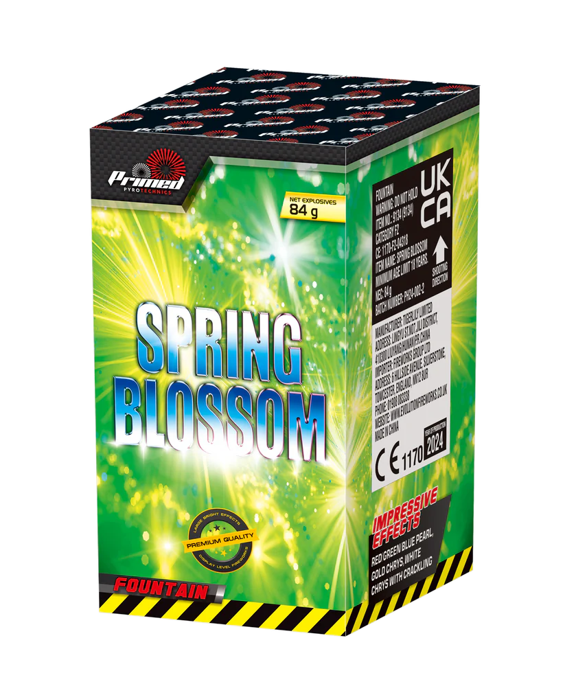 Fireworks box labeled 'Spring Blossom' with green and black design.