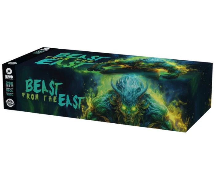 Board game box titled 'Beast from the East' with a dragon illustration on a white background