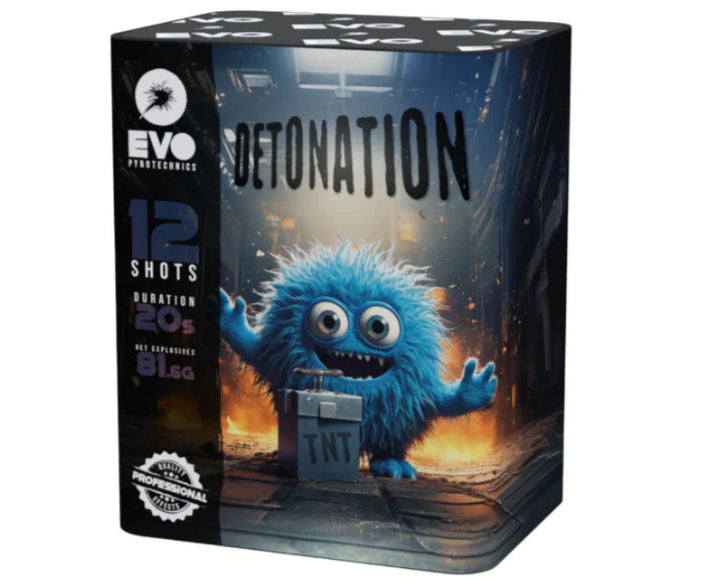 Box of 'Detonation' with a blue monster design on a white background