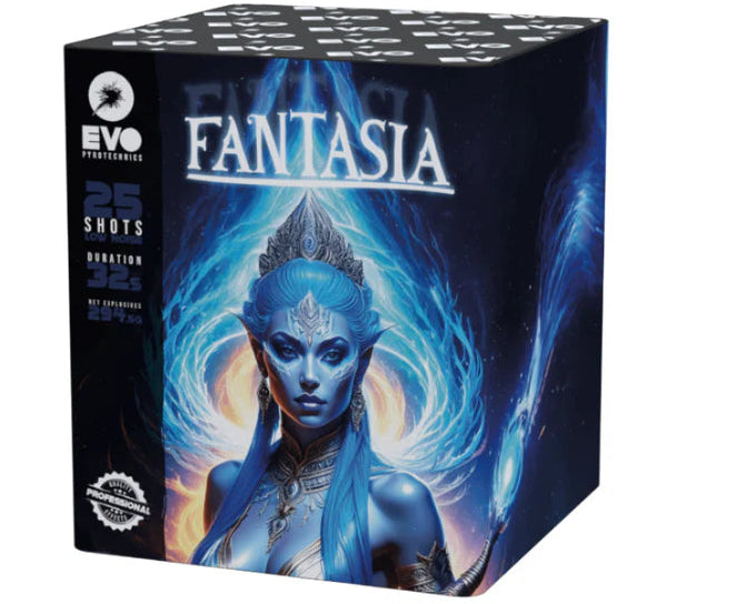 Firework box labeled 'Fantasia' with artistic design on a white background