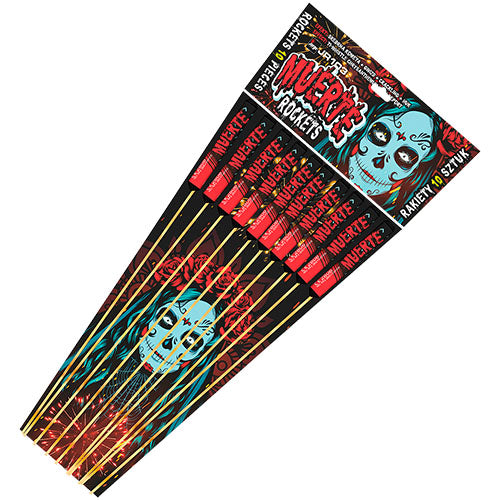 A pack of 14 Muerte Rockets party popper fireworks, featuring a black header card decorated with a blue sugar skull and red rocket illustrations, set against a plain white background.