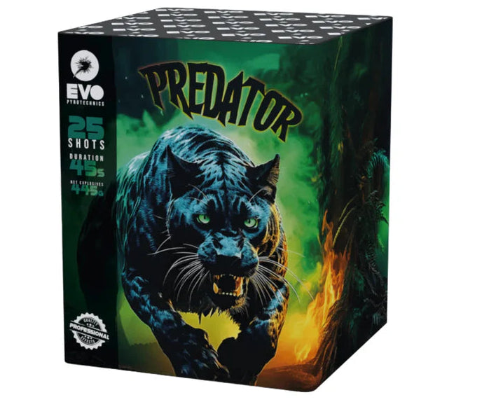 Firework box with 'Predator' design featuring a panther on a green and black background.
