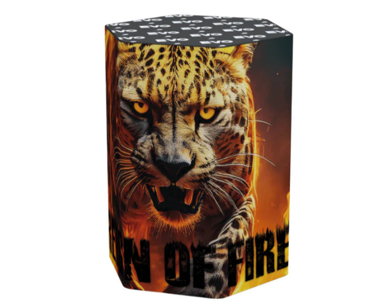 Hexagonal fireworks package featuring a snarling leopard illustration against a fiery background, with partially visible bold text at the bottom.