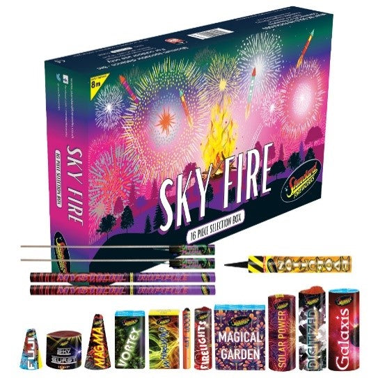 A fireworks selection box set labeled 'SKY FIRE' with a colorful fireworks-themed package, shown with several fireworks tubes and small firework pieces arranged below on a white background.