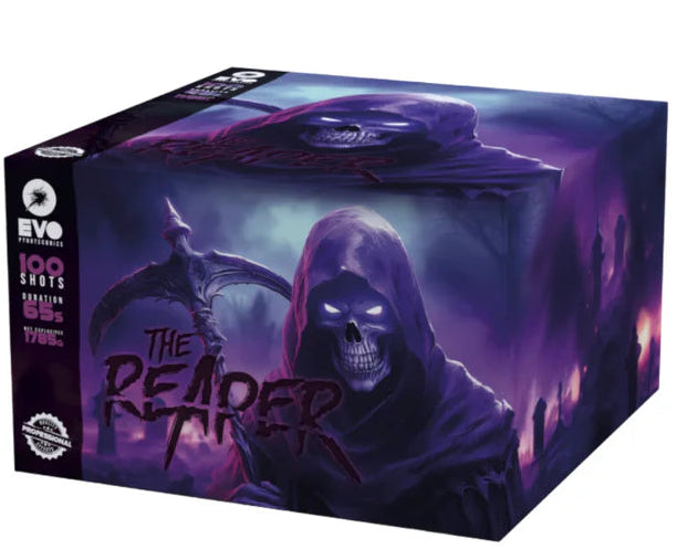 Board game box titled 'The Reaper' with a purple and black design on a white background