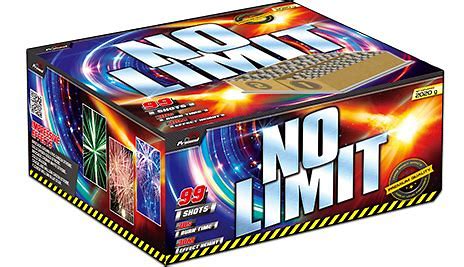 A box of PRIMED brand 'NO LIMIT' fireworks with graphics of exploding stars and fireworks on the front, indicating 99 shots and a loud noise level.